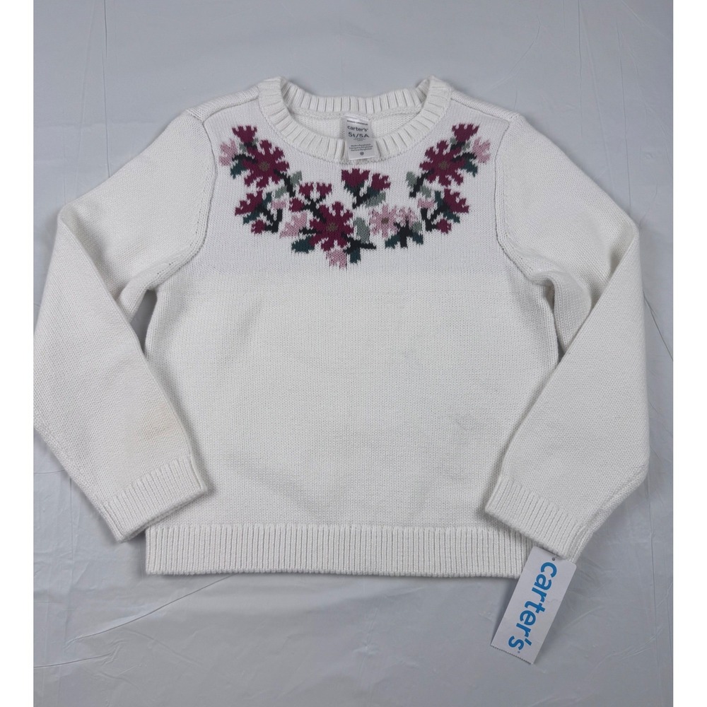 Carters Girls 5T Ivory White Floral Cotton Knit Crewneck Sweater 2R528410 NWT